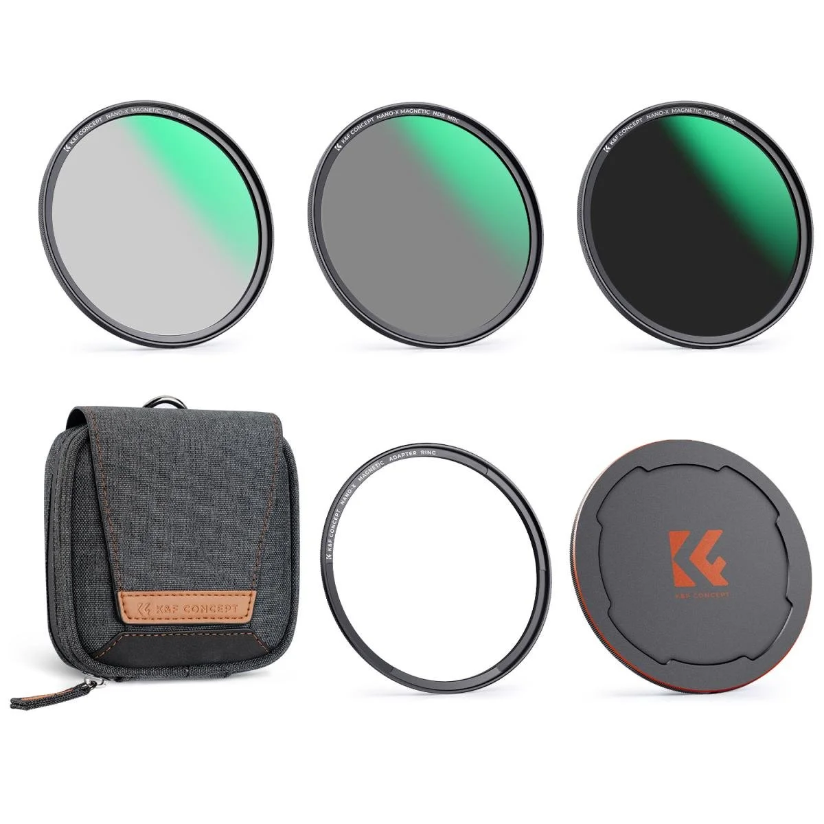 K&F Concept magnetic ND filters set, including three circular filters with green gradient, a carrying pouch, an adapter ring, and a filter cap.