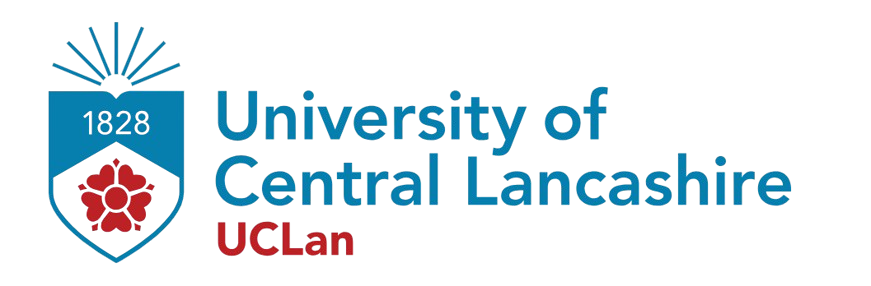 Logo of the University of Central Lancashire featuring a shield emblem with a red floral design, the year '1828', and the university name in blue and red text.