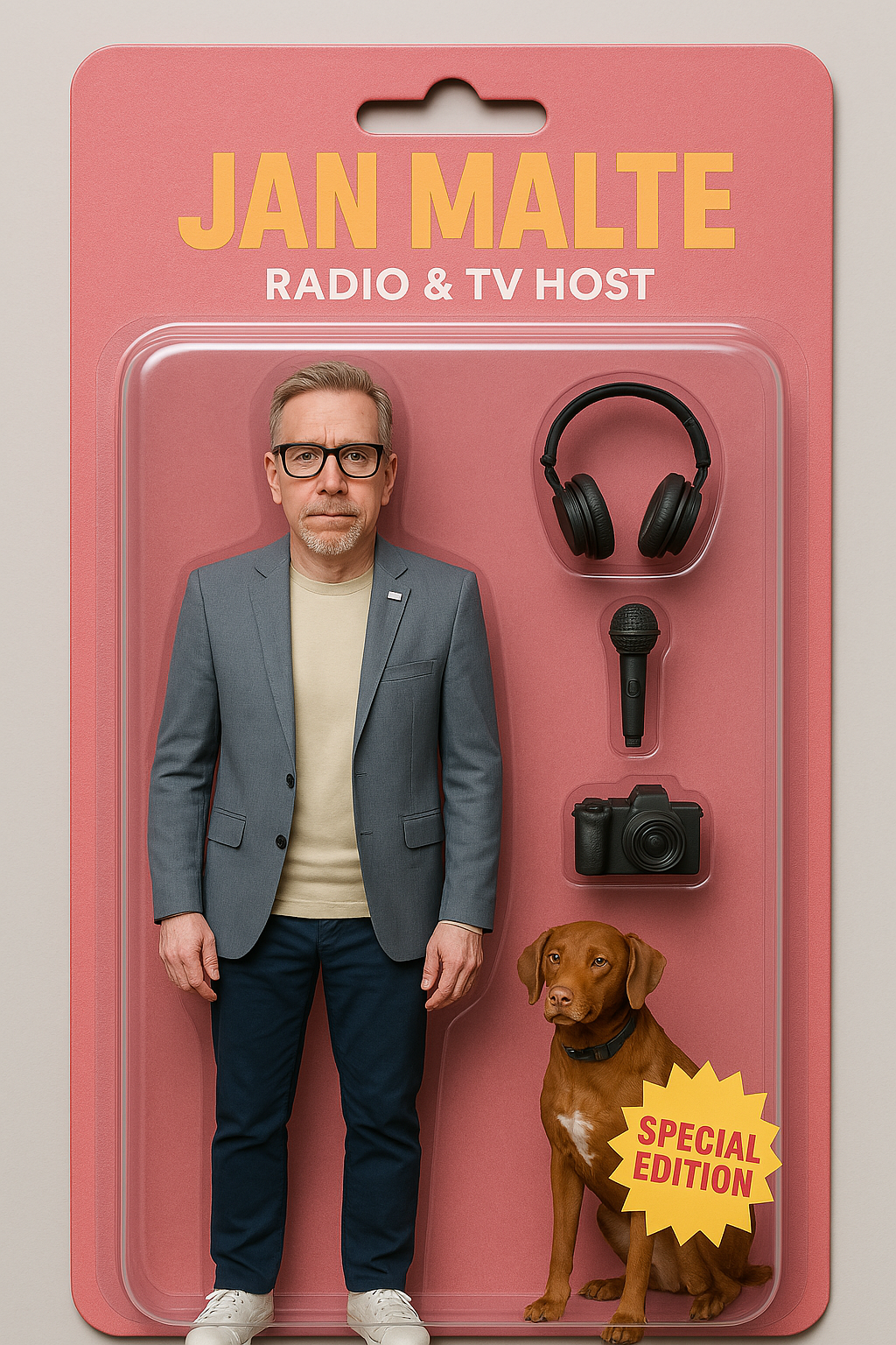 Der Titelbild eines Pakets mit Jan Malte, einem Radiomoderator und TV-Host, zusammen mit einem Hund und verschiedenen technischen Geräten wie einem Microphone, Kopfhörern, einer Kamera, und einem Schild mit der Aufschrift "Special Edition".