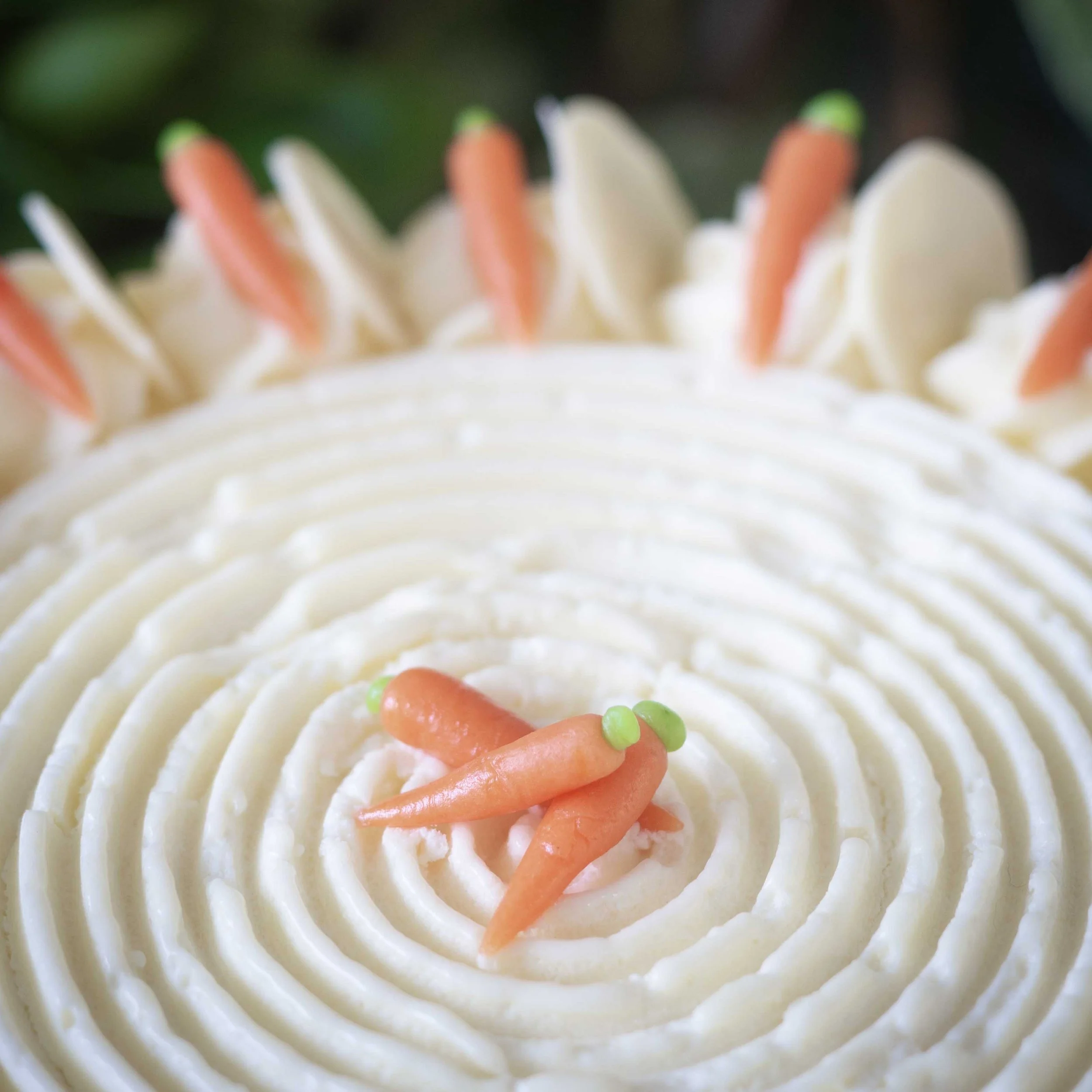 a close up of the top of a carrot cake with mini marzipan carrot decorations