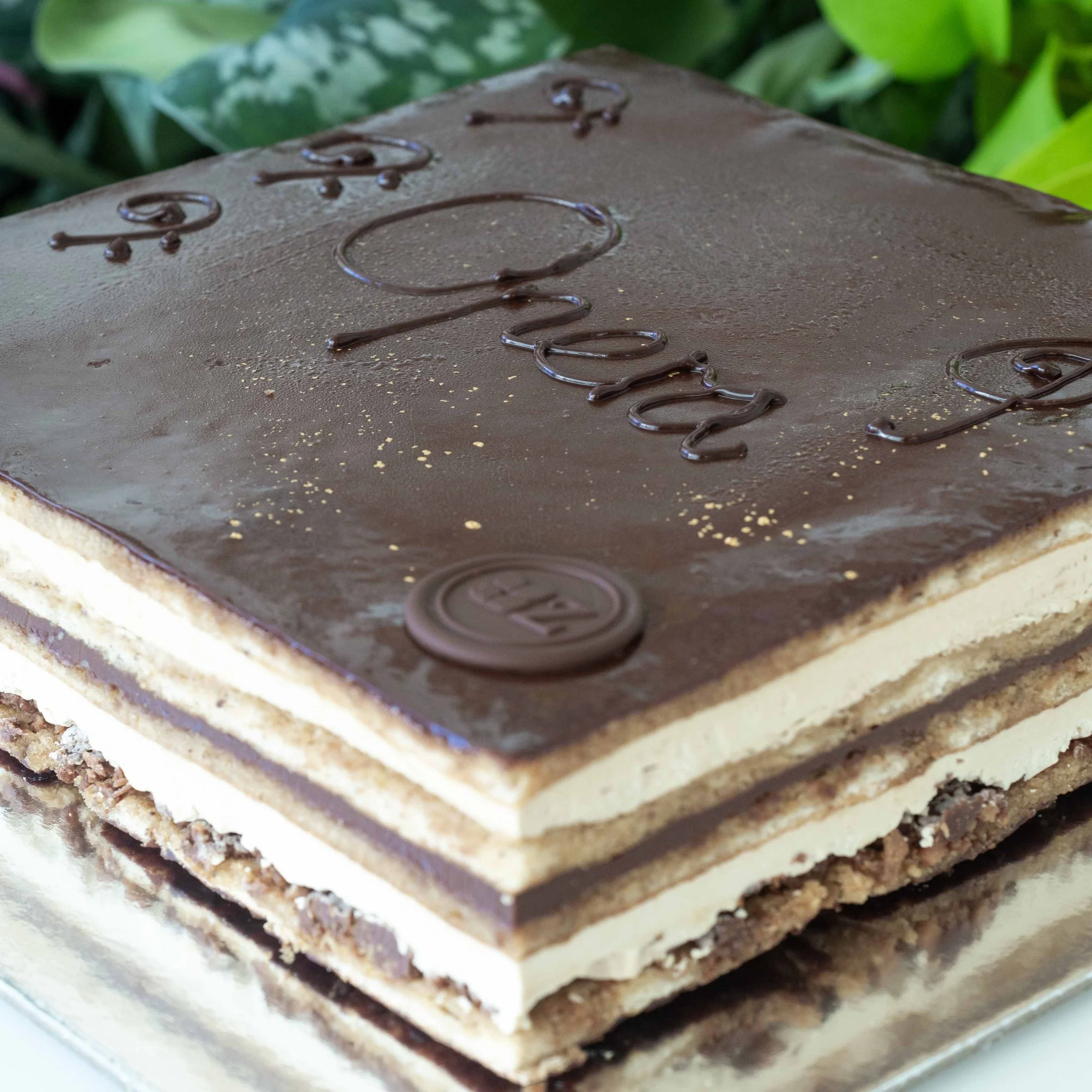 a multi-layered coffee and chocolate opera cake