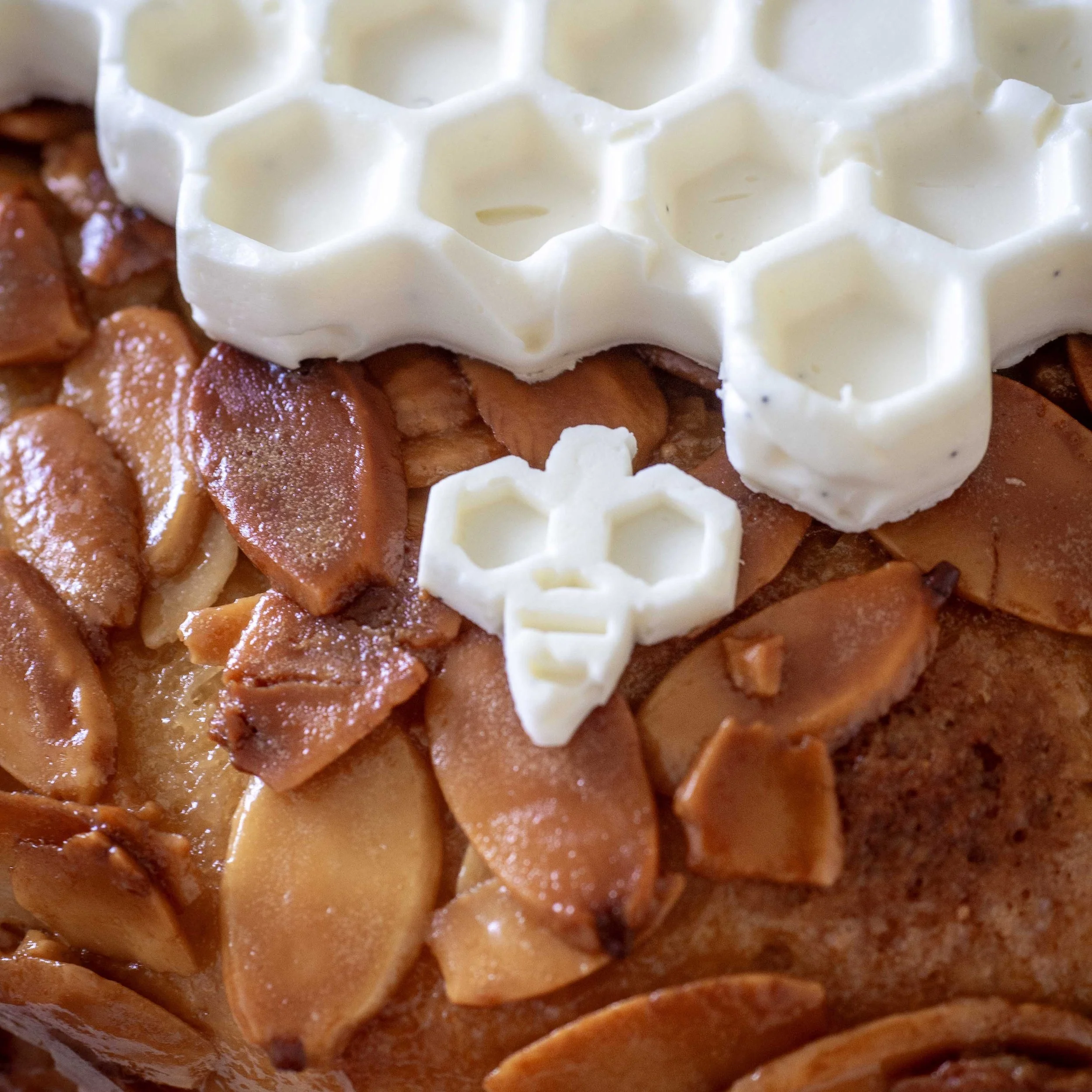 a close up of the bee cream decoration of a Zuckerhaus Bienenstich or Bee Sting Cake