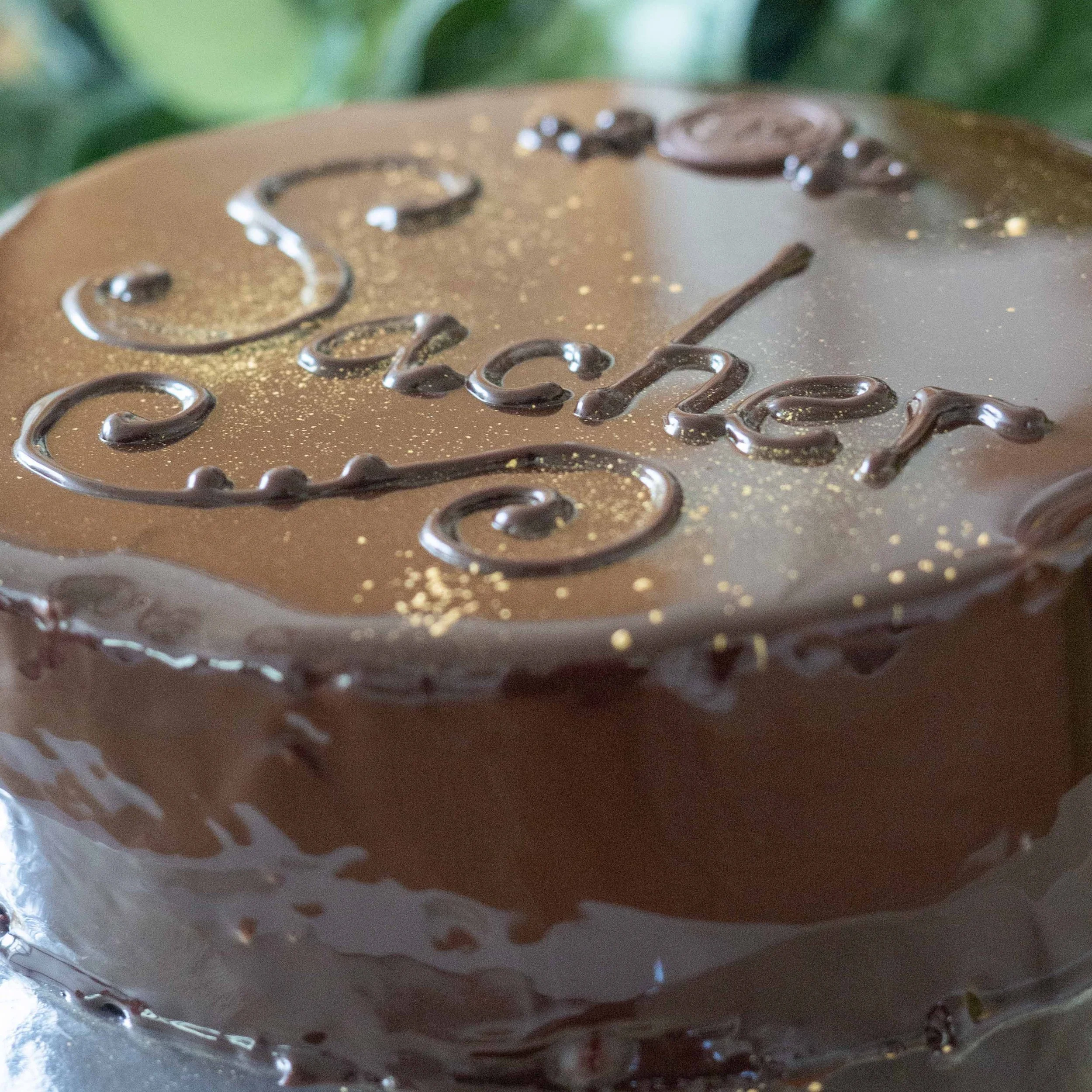 a glossy chocolate and apricot Austrian Sachertorte