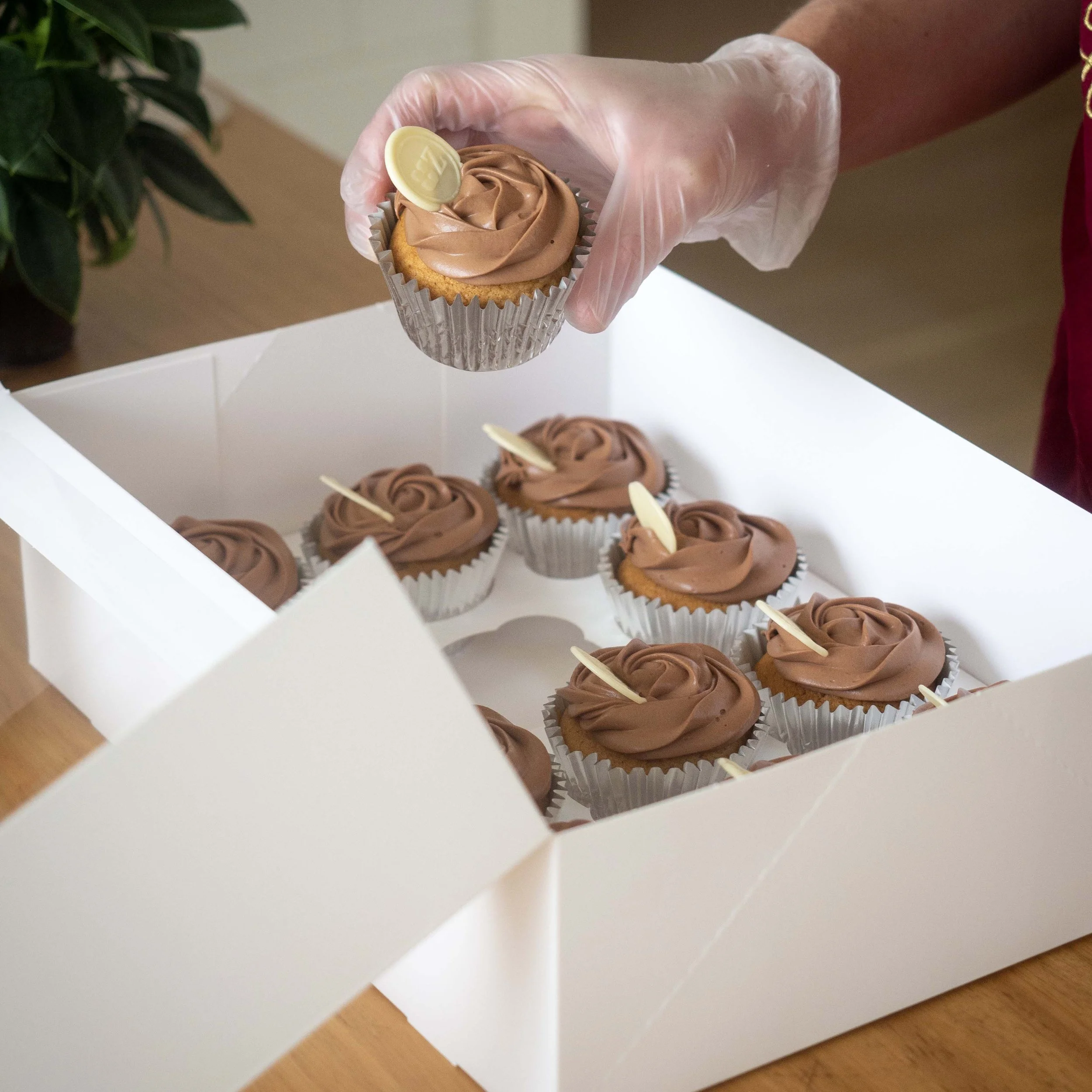 a speculaas and chocolate cupcake being placed in a box with other cupcakes