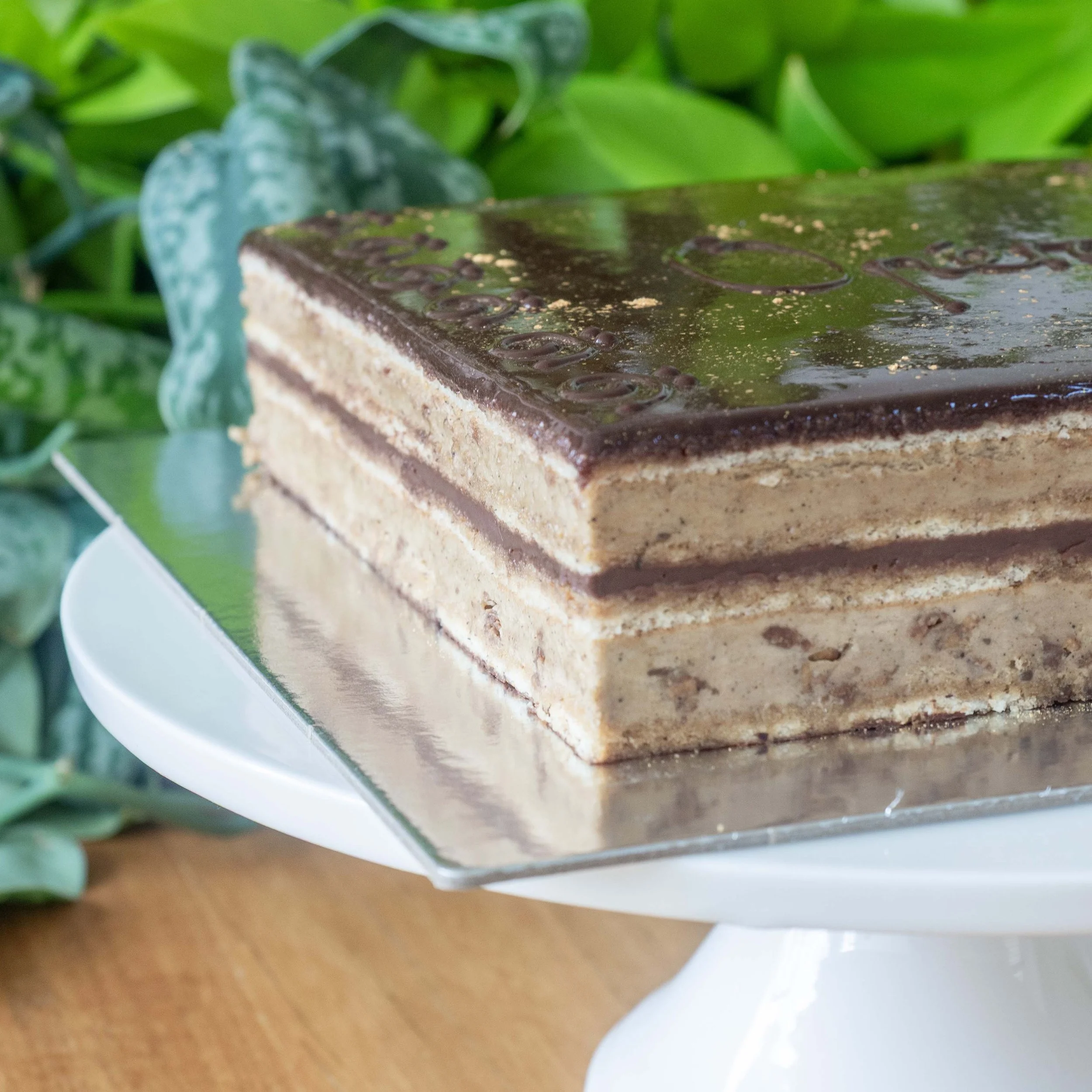 a multi-layered coffee and chocolate opera cake