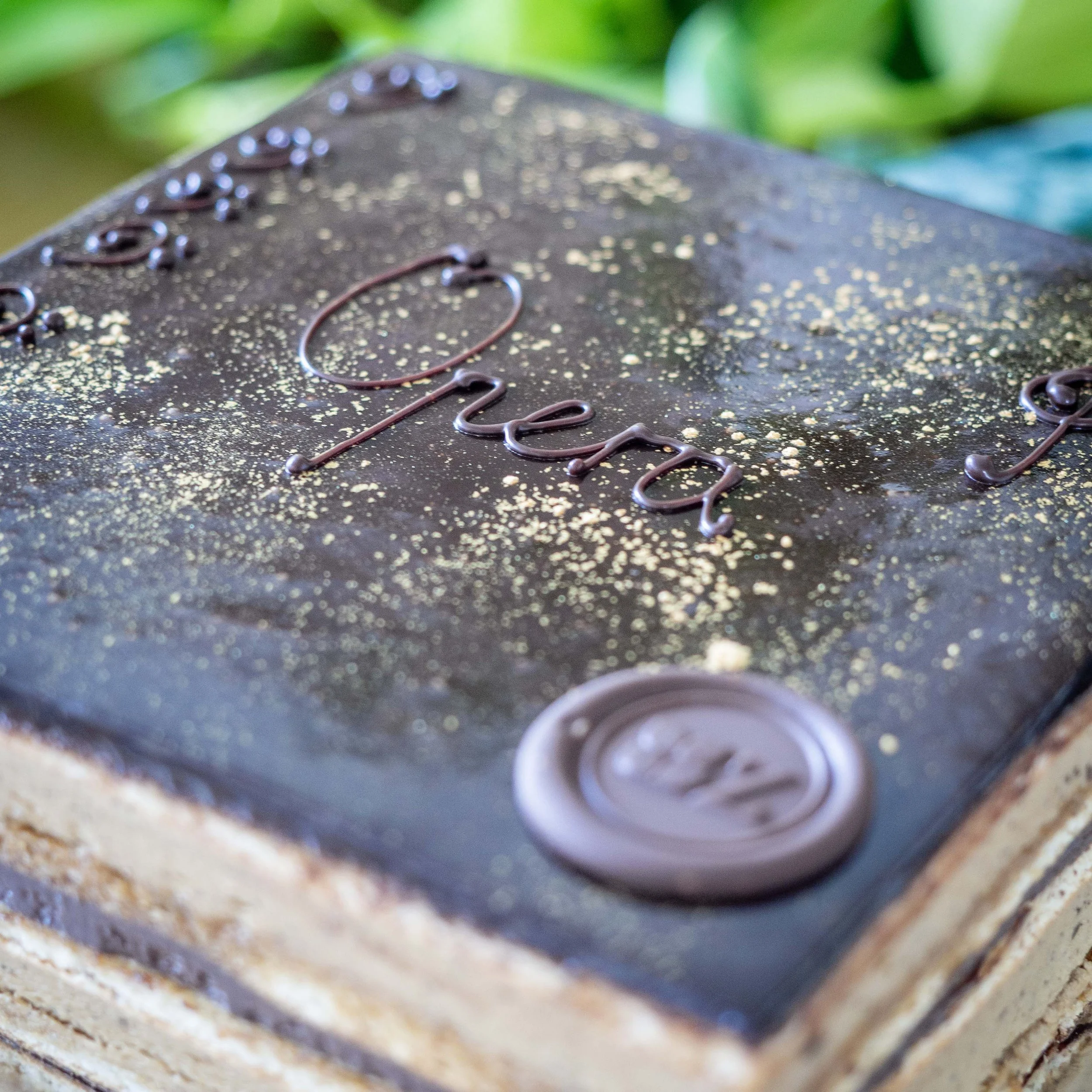 a multi-layered coffee and chocolate opera cake