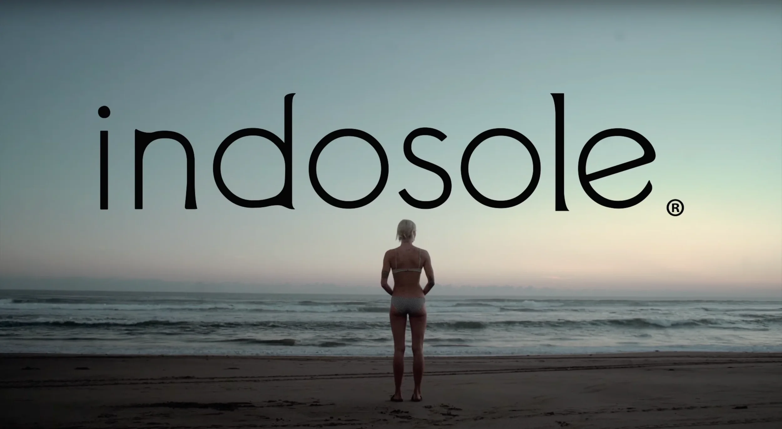 A woman in a bikini standing on a beach facing the ocean at sunset or sunrise with the word 'indosole' overlaid.