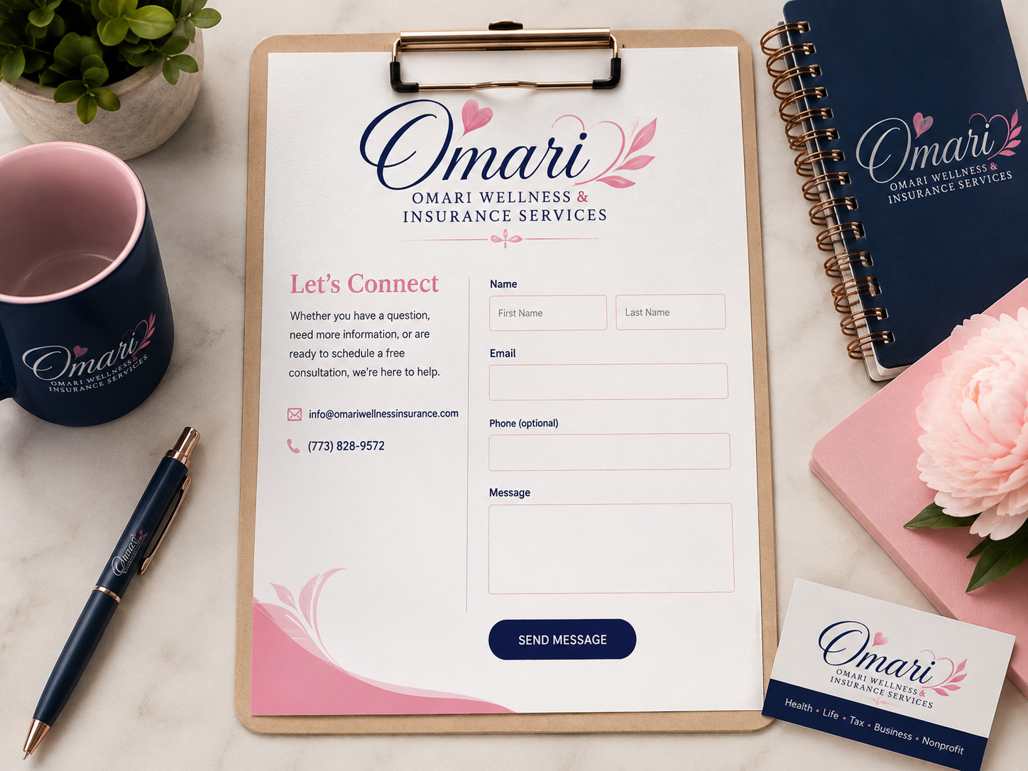 A contact form on a clipboard for Omari Wellness & Insurance Services, surrounded by branded items including a pen, a mug, notebooks, a pink flower, and a business card.