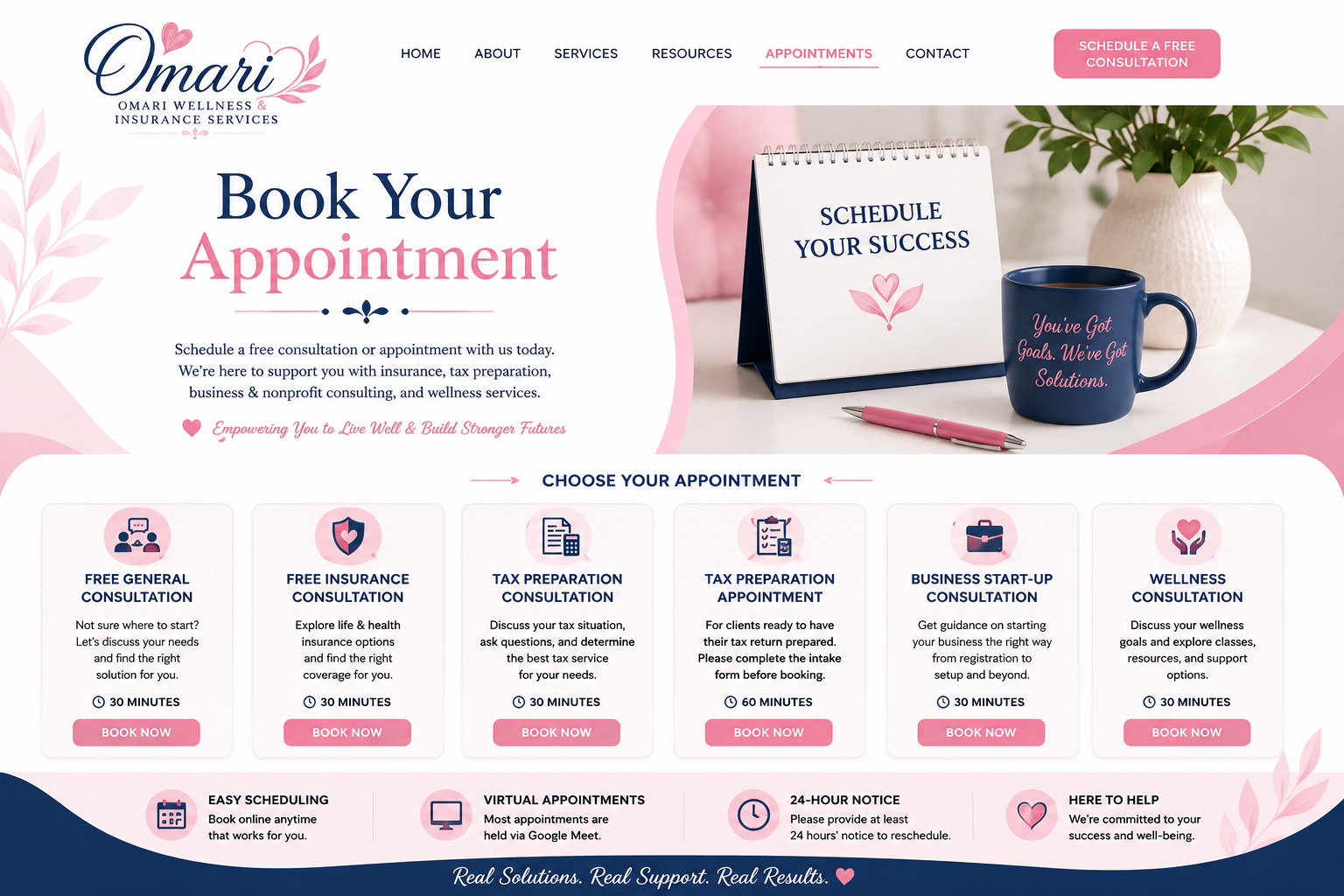 Website homepage for Omari Wellness & Insurance Services with options to book appointments for free consultations in various categories, featuring a calendar and coffee mug with motivational messages, and a pink and white color scheme.
