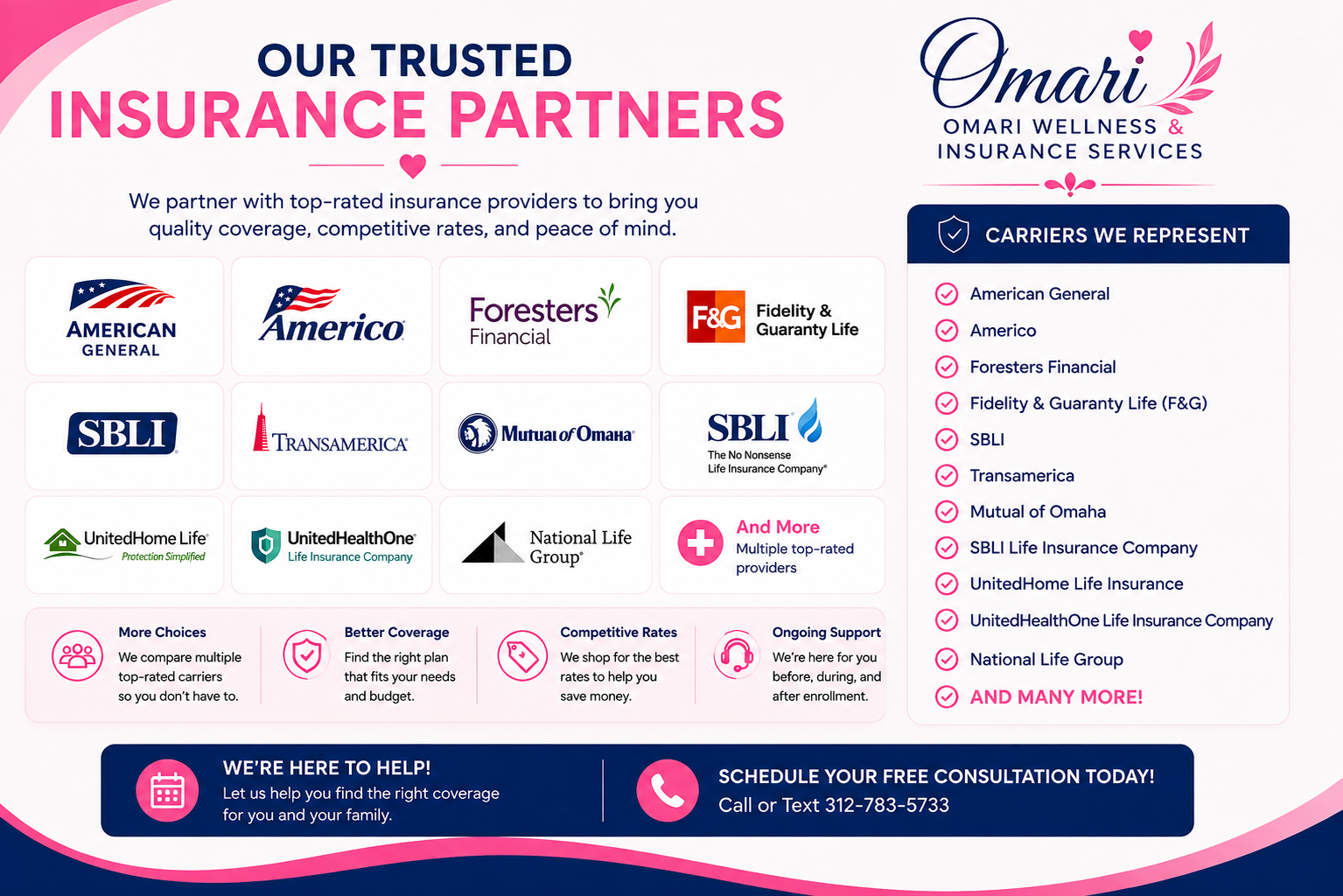 A flyer for Omari Wellness & Insurance Services showcasing trusted insurance partners including American General, Americo, Foresters Financial, F&G Fidelity & Guaranty Life, SBLI, Transamerica, Mutual of Omaha, UnitedHome Life, UnitedHealthOne, and National Life Group, with a list of benefits and a contact number for free consultation.