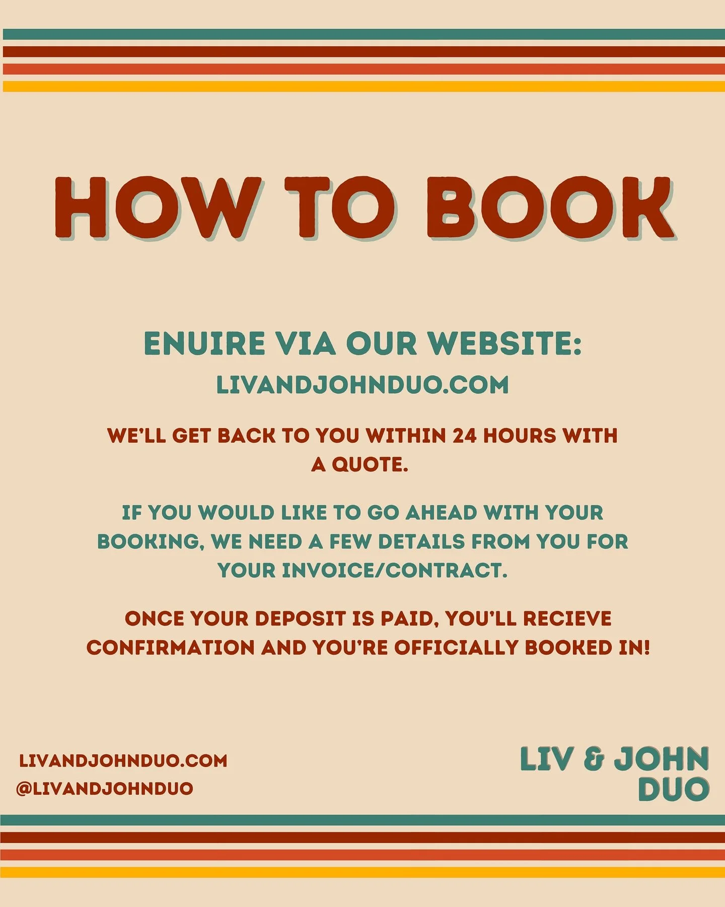 Booking us for your wedding couldn&rsquo;t be easier &mdash; just head to livandjohnduo.com to enquire, and we&rsquo;ll get back to you within 24 hours! 

From relaxed daytime vibes to unforgettable evening party sets, we&rsquo;ve got your music cove