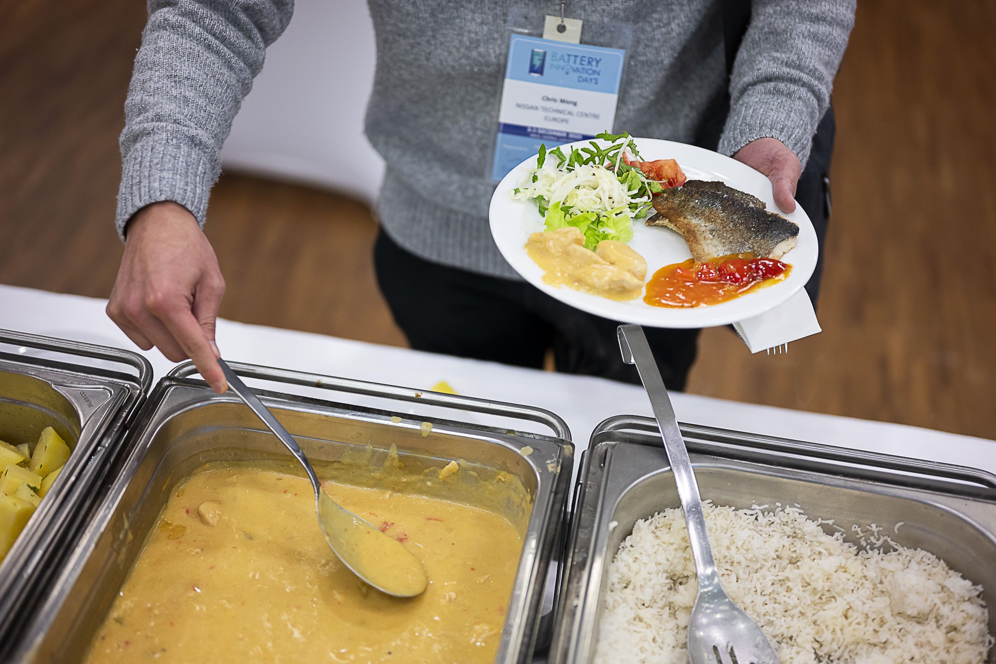 A person holding a white plate with a piece of grilled fish, a small serving of mashed potatoes, a salad, and chili. In the foreground, there are serving trays with food including yellow curry, rice, and other dishes.