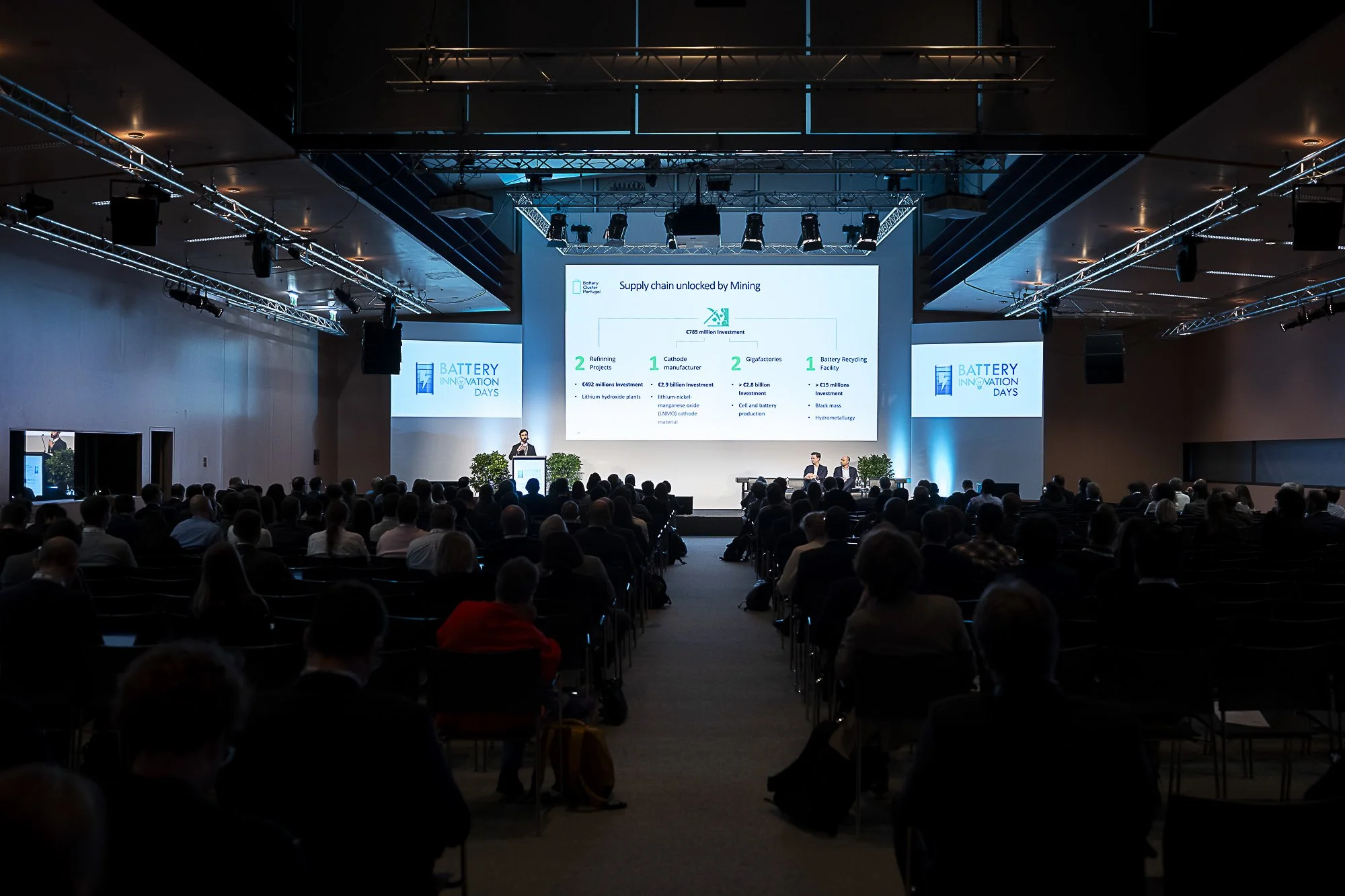 A conference hall filled with seated attendees watching a presentation on a large screen. The screen displays information about supply chain management, with the logo 'Battery Innovation Days.' The stage has a speaker at a podium and two other indivi