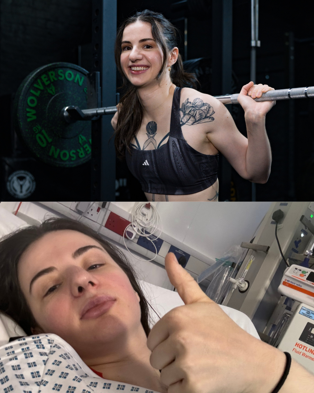 A split image showing Nicolina smiling in a squat rack on the top and Nicolina in a hospital bed during an in-patient stay on the bottom.