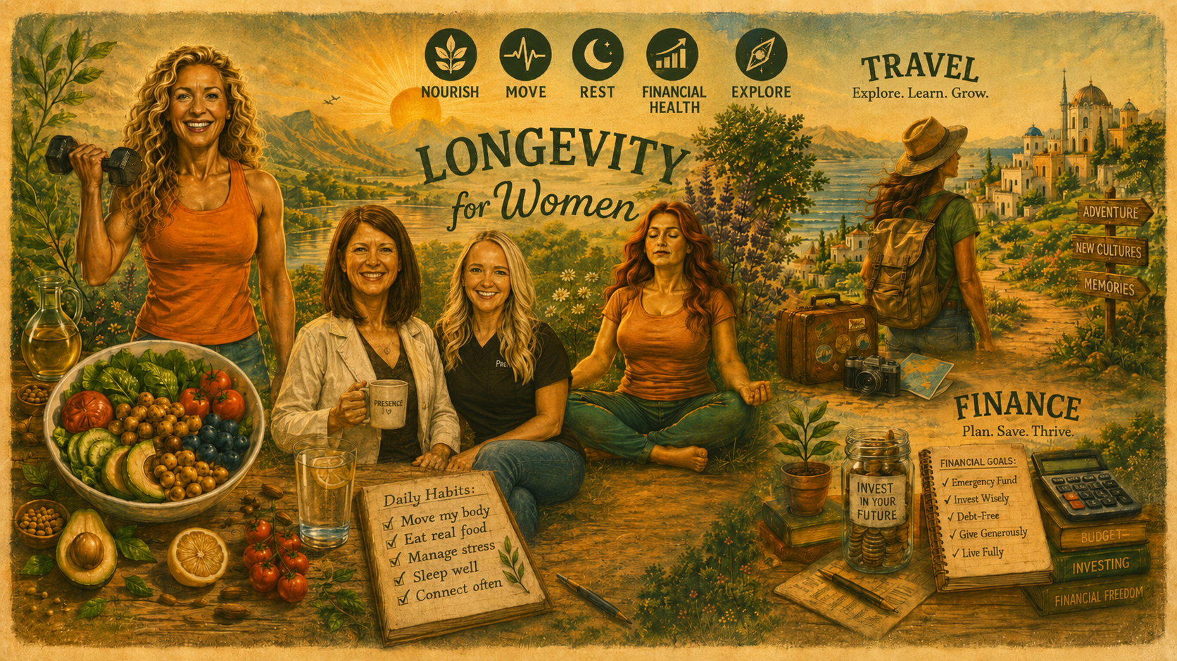 Artistic illustration promoting longevity for women, featuring women practicing meditation, exercising with weights, eating healthy, and sleeping, with plants, fruits, and a sunrise background.