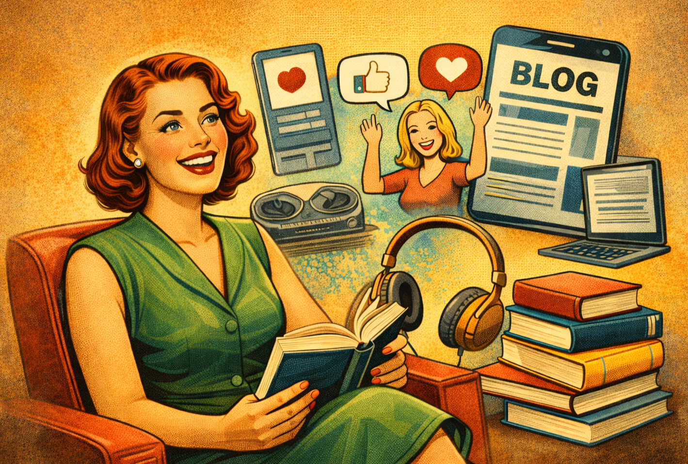A woman with red hair and green dress sitting in a chair, reading a book. Surrounding her are social media icons, books, a laptop, headphones, and a tablet, suggesting a digital and print content creation environment.
