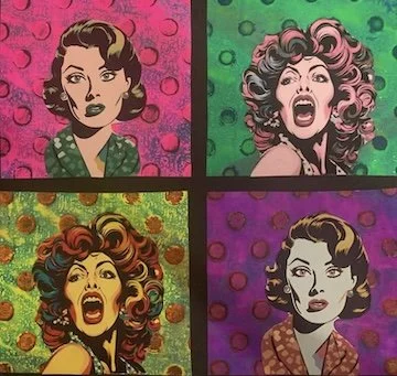 Four pop art-style portraits of women with different hairstyles and expressions, each in a separate colorful background.