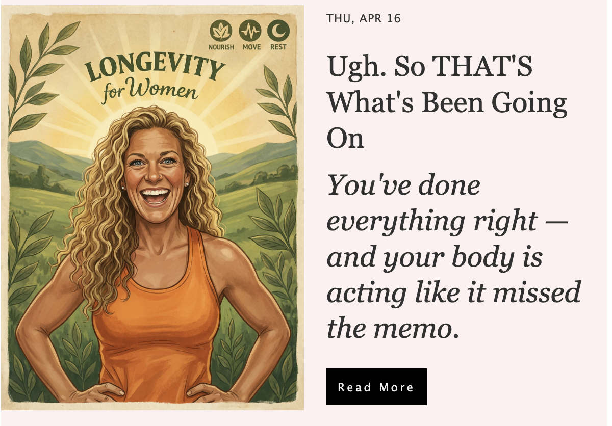 A woman with long, curly blonde hair smiling confidently, wearing an orange tank top, standing outdoors in a green landscape with mountains and trees in the background, promoting longevity for women.