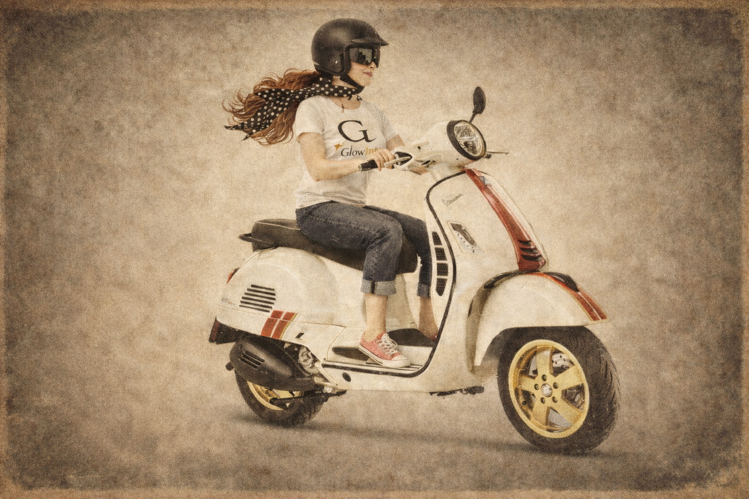 A woman riding a vintage style white scooter with gold rims, wearing a black helmet, sunglasses, a white T-shirt with text, rolled-up jeans, and pink sneakers, against a textured sepia background.