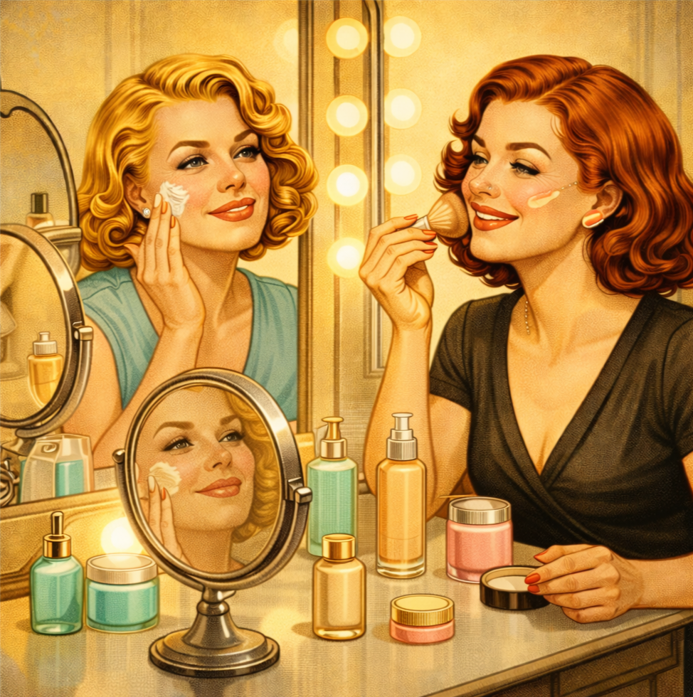 A woman sitting at a vanity table with makeup items, a coffee cup, and a notebook, imagining her ideal home interiors including a blue dress in a living room and a cozy yellow seating area with a lamp, plants, and framed pictures.