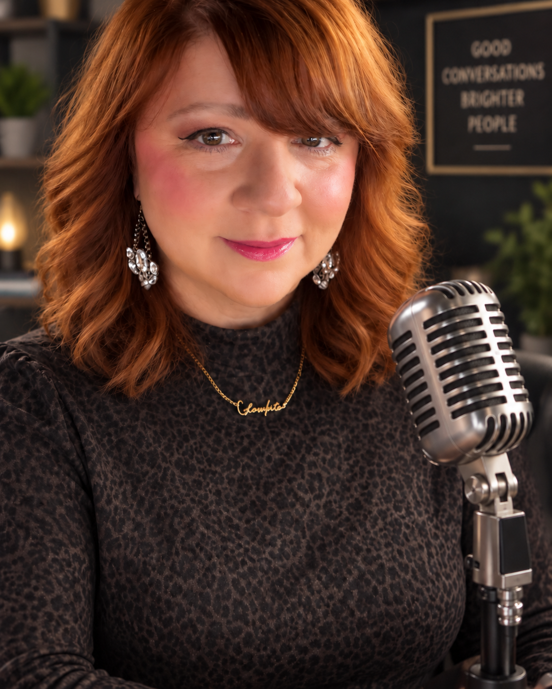 Jen, host of the GlowInto Podcast, beside a vintage microphone