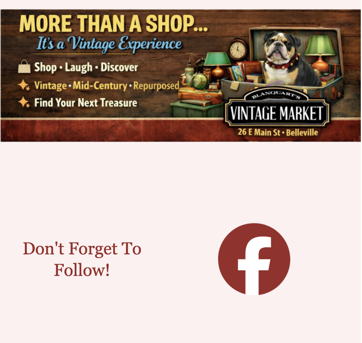Banner for Blanquart's Vintage Market featuring a dog with a necklace sitting in an open suitcase among vintage items, with the market's address and an encouragement to follow on Facebook.