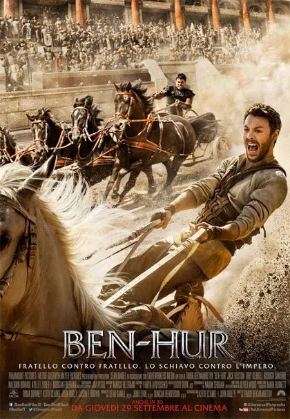 Locandina del film 'Ben-Hur' con scene di corsa delle bighe e personaggi in azione