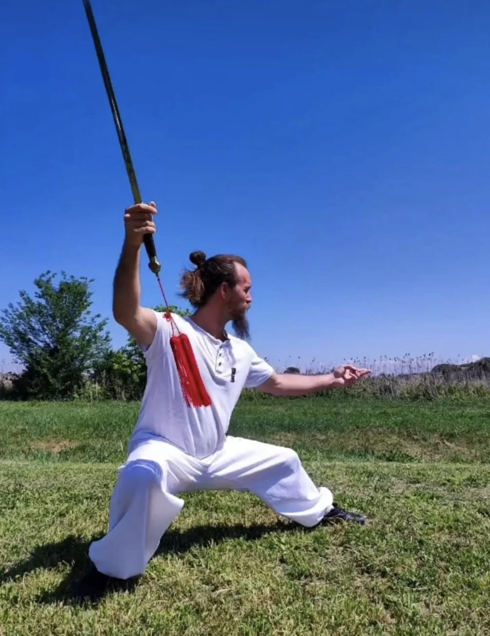 Uomo in abbigliamento bianco che pratica with armi di martial arts, in posizione di combattimento in un campo erboso con cielo blu.