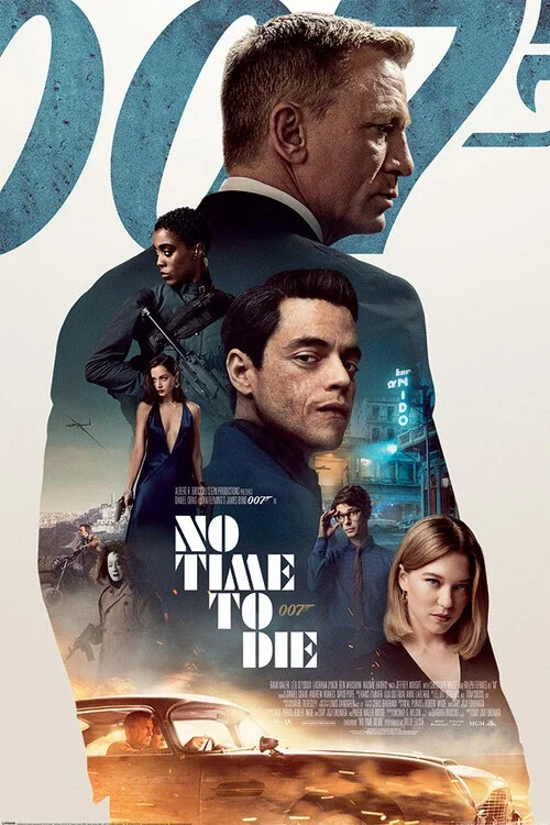Poster del film 'No Time to Die' con i personaggi principali e un'auto sportiva in primo piano.