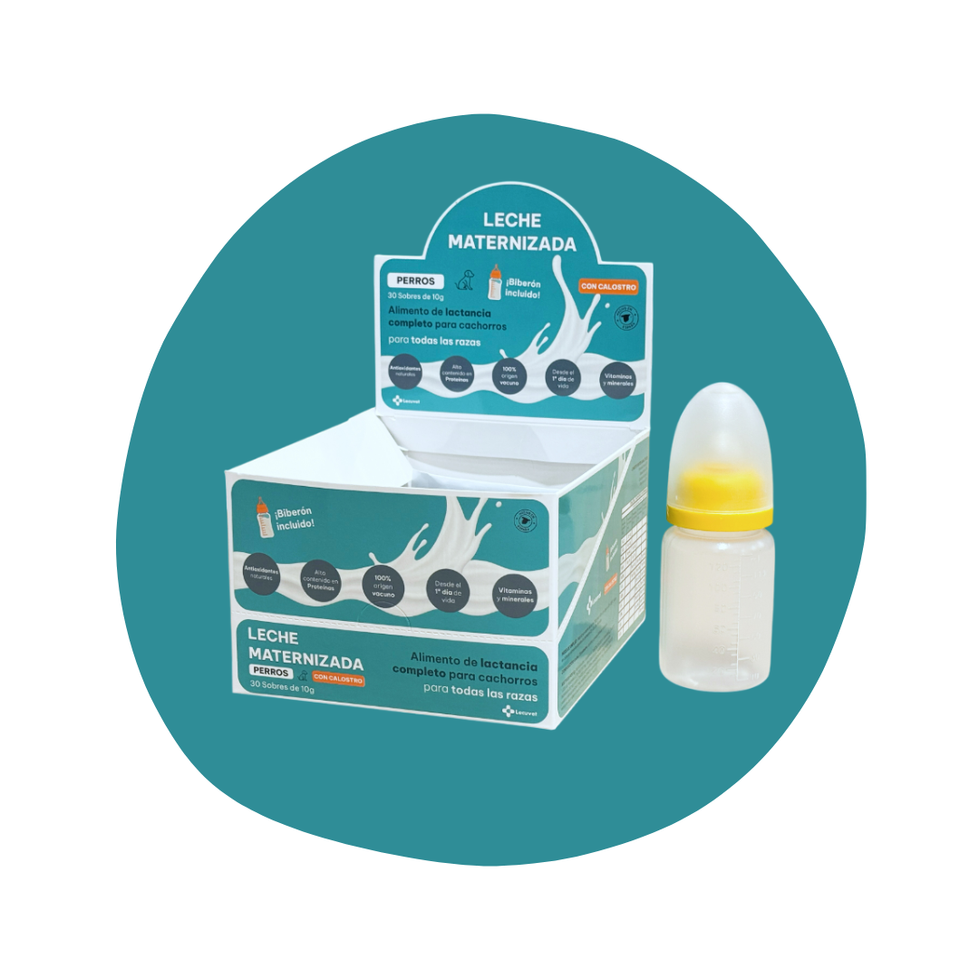 Paquete de leche materna para perros con un biberón incluido, de tamaño pequeño con etiqueta azul y detalles en naranja, junto a una cubierta transparente y amarilla para el biberón.