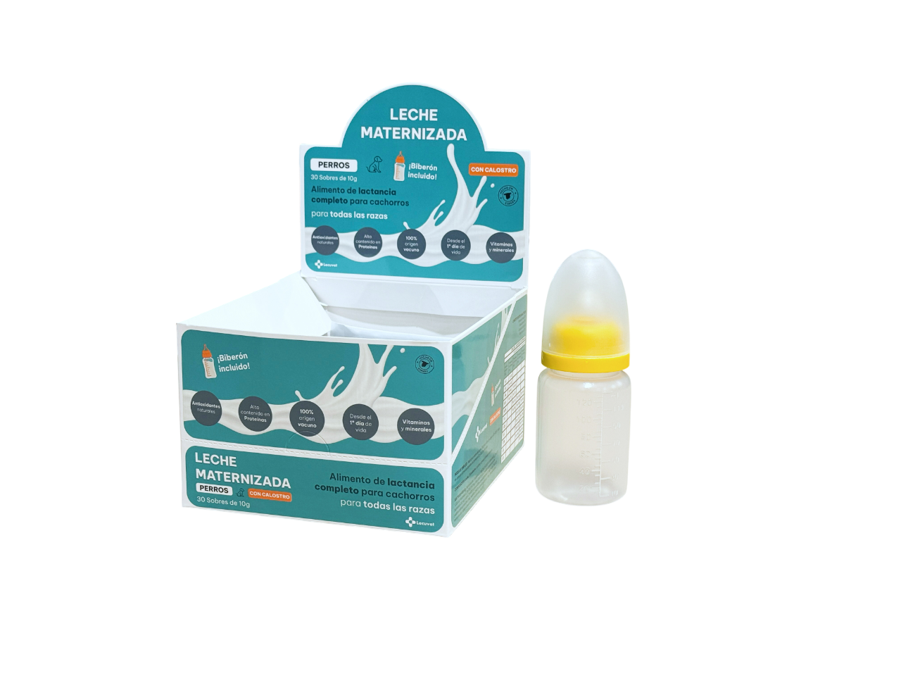 Paquete de leche materna en polvo para perros con botella de leche.