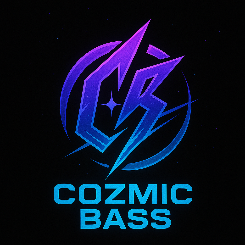 A cosmic-themed logo with a stylized lightning bolt and star, featuring purple and blue neon colors, with the text "COZMIC BASS" below.