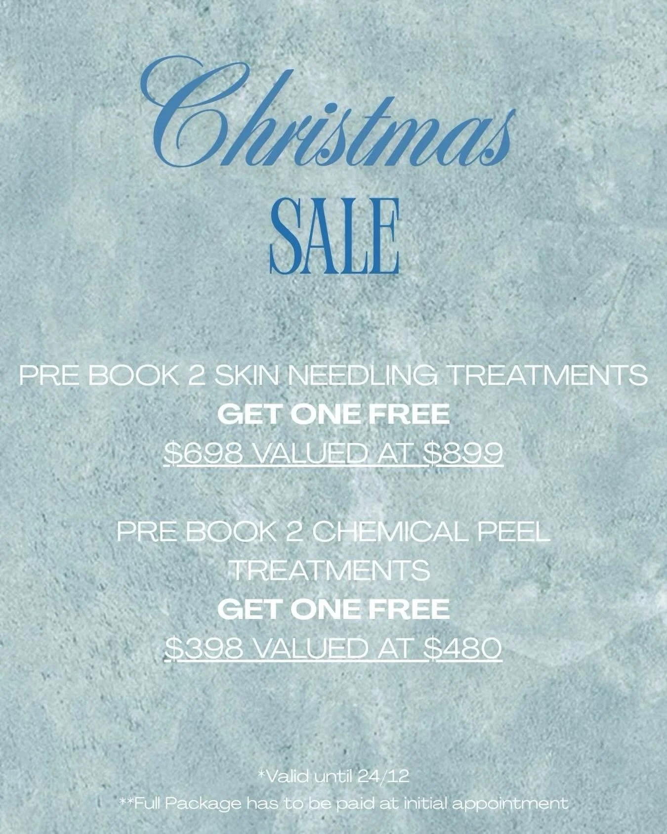 Our Christmas sale is officially on!

🤍Book 2 skin needling treatments, get 1 FREE!
🤍Book 2 chemical peels, get 1 FREE! 

*Payment for pre-booked appointments is due at the initial appointment. 

Enjoy 20% off all skincare until Dec 24th. *excludin