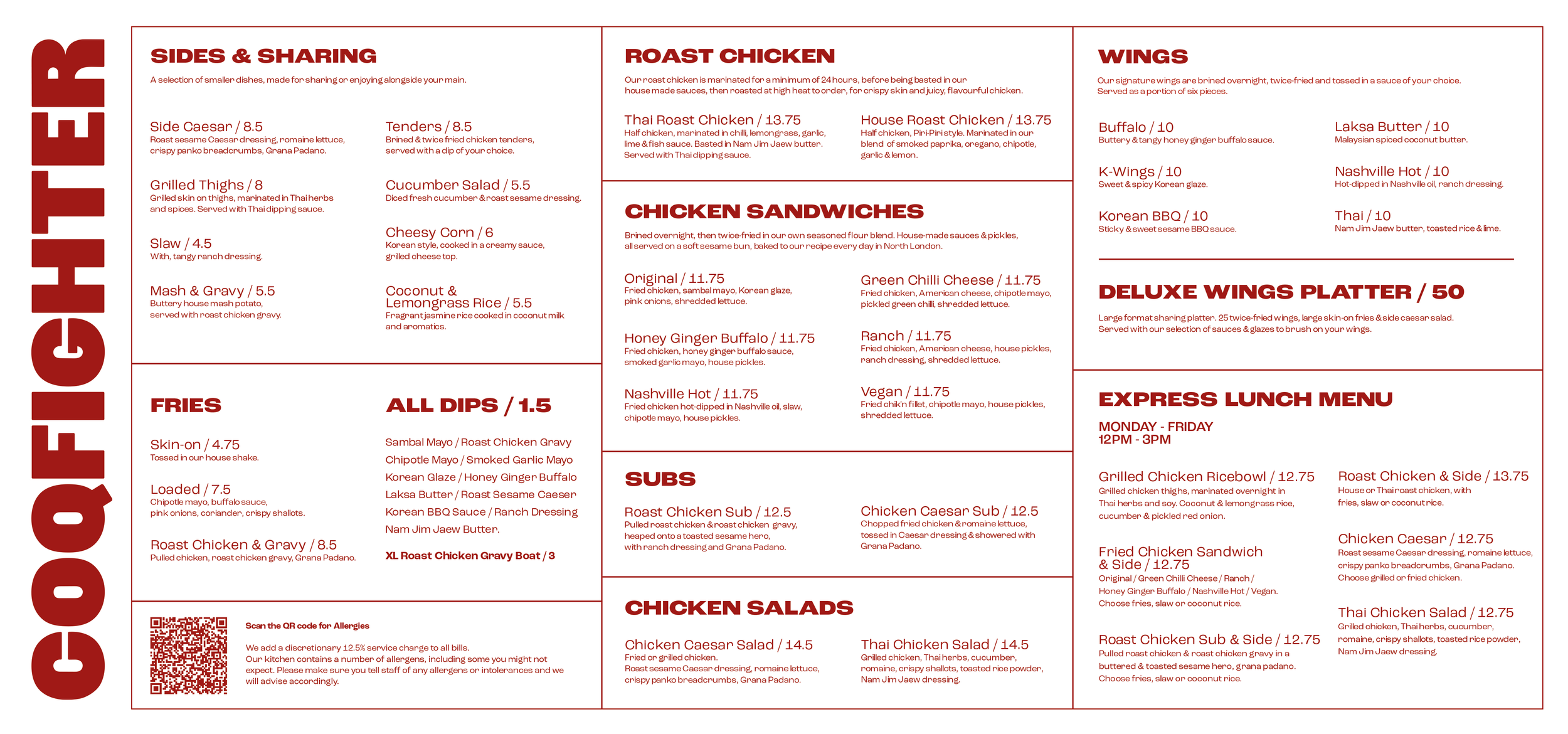 Restaurant menu with sections for sides and sharing, roast chicken, chicken sandwiches, chicken salads, wings, deluxe wings platter, express lunch menu, fries, all dips, and subs. Items include Thai Toast Chicken, K-Wings, Buffalo, Nashville Hot, and Thai options, as well as chicken Caesar, Thai Chicken Salad, roast chicken sub, and chicken caesar sub. Prices range from $4.5 to $50.