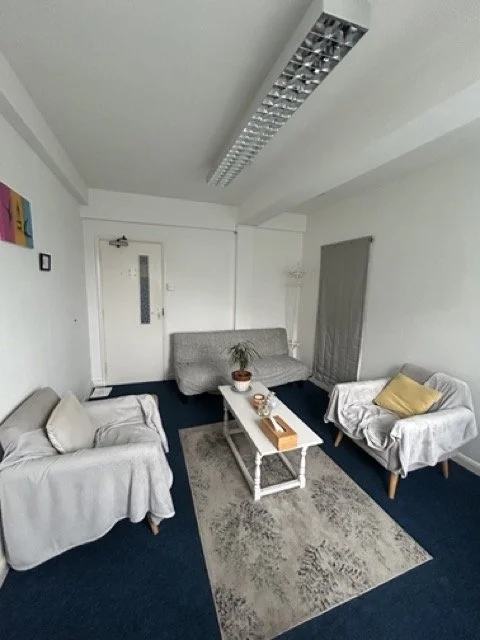 Cozy living space with a gray armchair, a wooden chair with a gray cushion and patterned throw pillow, a small round side table with a lamp and tissue box, a small kitchenette with a sink, bookshelves, and decorative plants. Two windows with black frames and a round jute rug on gray flooring.