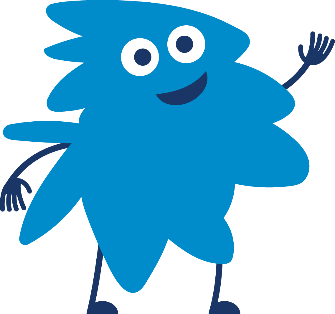 A cartoon blue leaf character with big eyes, smiling face, waving hand, and standing on two legs.
