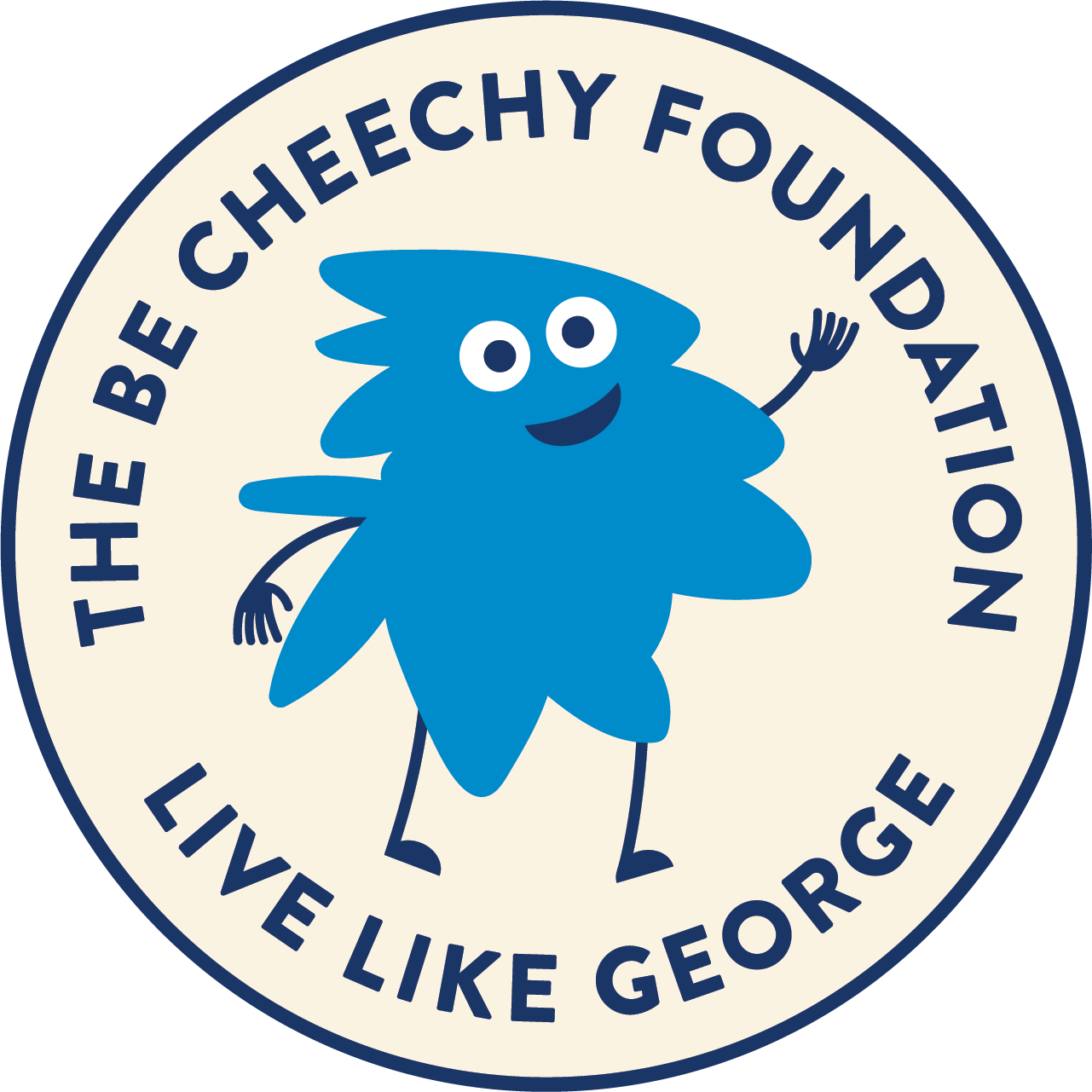 Logo of The Be Cheechy Foundation featuring a blue hop cone with a smiling face, arms, and legs, surrounded by the text "The Be Cheechy Foundation" at the top and "Live Like Georgia" at the bottom.