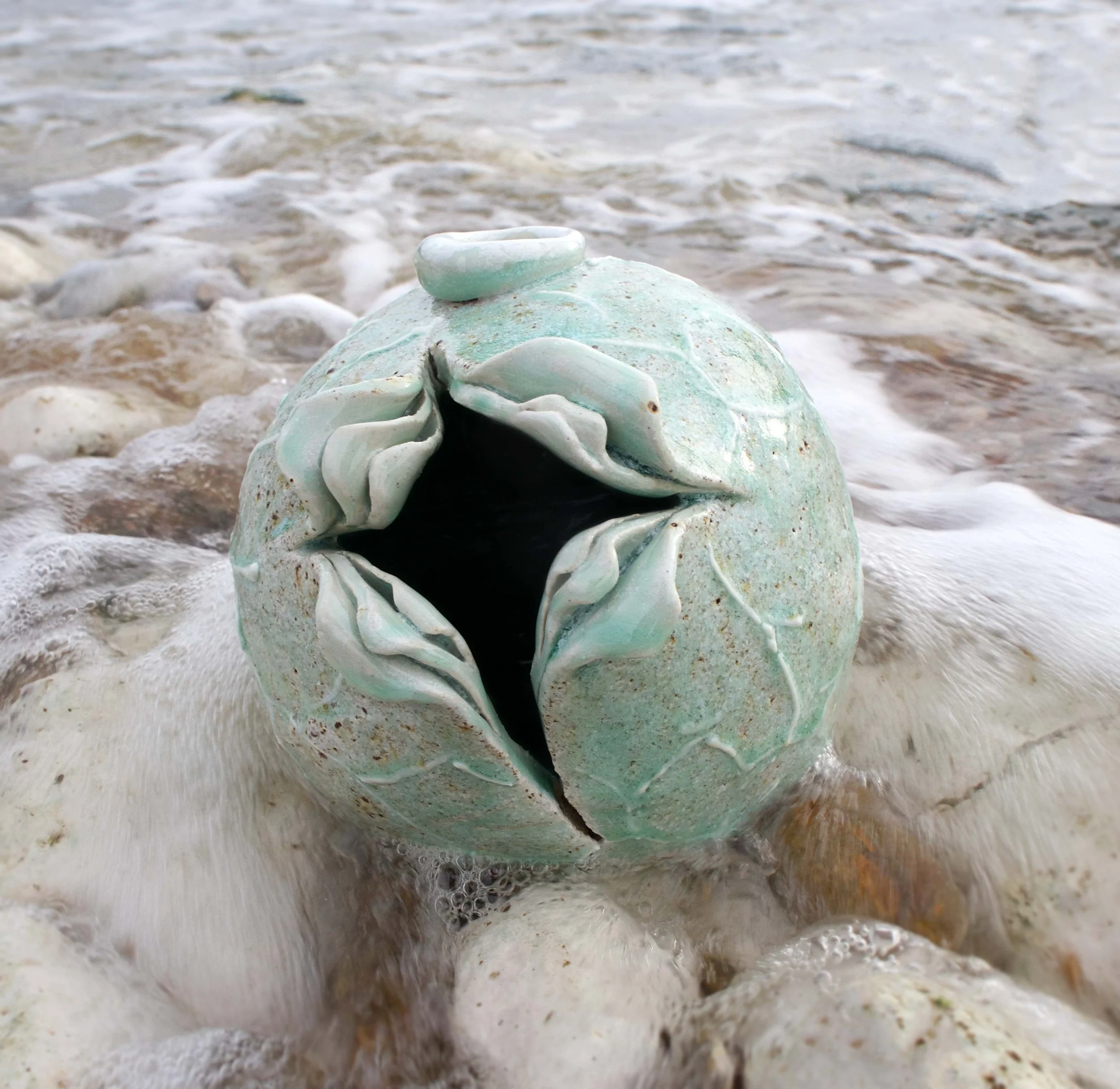 UNPOTE : Ocean Break Tide No.1 
Porcelain slip and wood ash glaze, sand deposits, fired in an electric kiln. 12 x 11 x 12cm. ✧ Provenance: Stinson Beach. ✧ £350. Available for acquisition—Click image to invite this piece into your home.