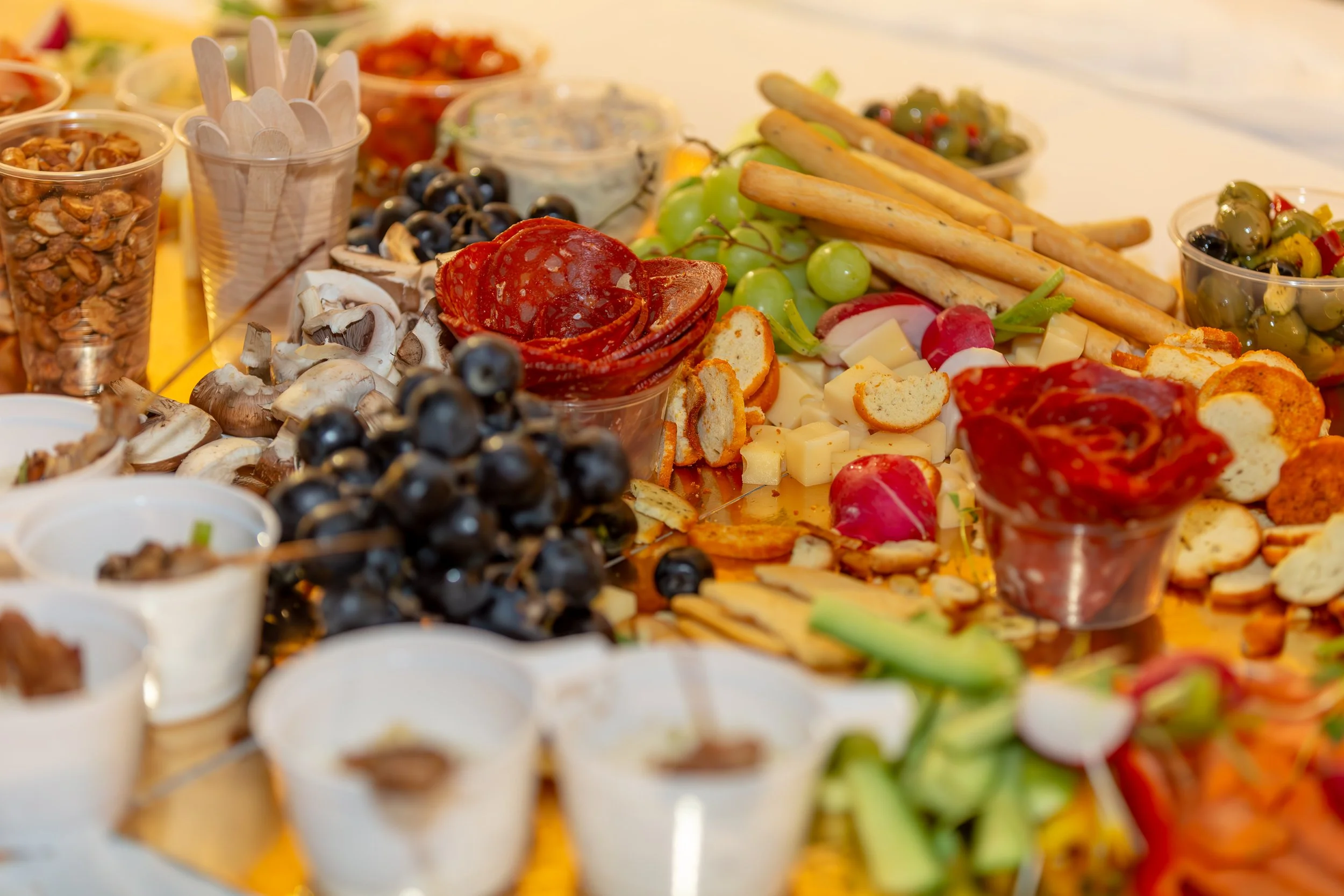 Plateau de dégustation avec divers antipasti, comme olives, salami, fromage, champignons, tomates, radis, et crackers.