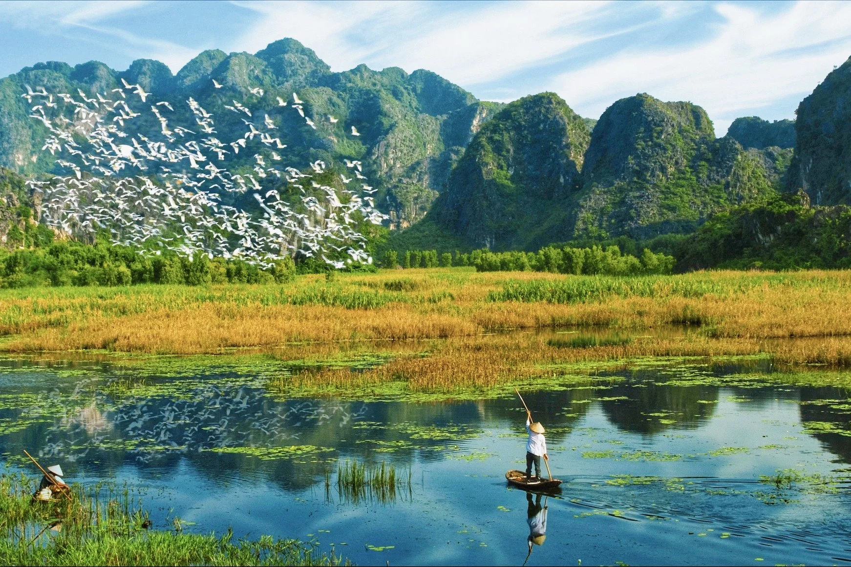 A fisherman on a small boat in a river, surrounded by a lush landscape with trees, fields, and mountains, with a flock of birds flying overhead