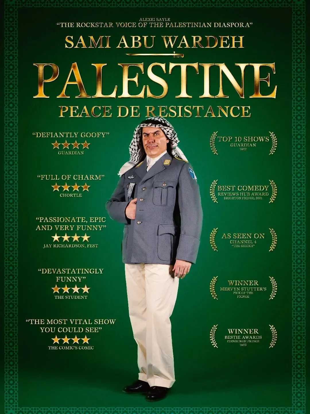 Cairde Amharclann na Saoirse, in &Eacute;irinn is beyond excited to present&nbsp;Sami Abu Wardeh's award winning show
Palestine: Peace de Resistance&nbsp;coming to&nbsp;Project Arts Centre, Dublin, Ireland for 2 shows only.

Monday 26th &amp; Tuesday