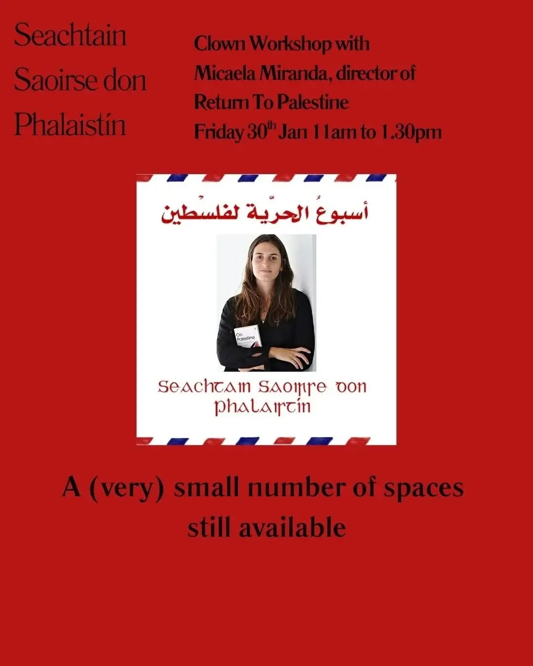 A very small number of spaces are available for director of 'Return To Palestine' Micaela Miranda's Workshop on Friday 30th Jan 2026 11am to 1.30pm.

To reserve your place:
Project Arts Centre
Available online at
www.projectartscentre.ie
or
Call the 