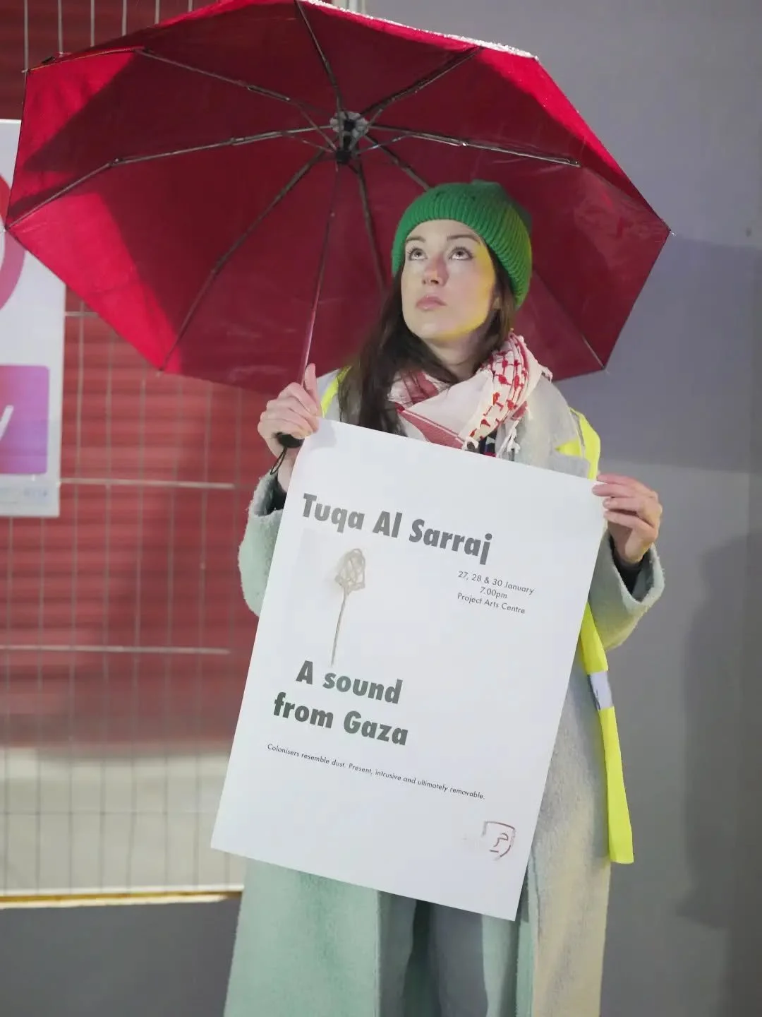 A lot happens every day at Sachtain Saoirse don Phalaist&iacute;n, and yesterday was no different!

The final performance (for now) of 'A Sound From Gaza' by the truely wonderful visual artist and human Tuqa Al Sarraj took place at Project Arts Centr