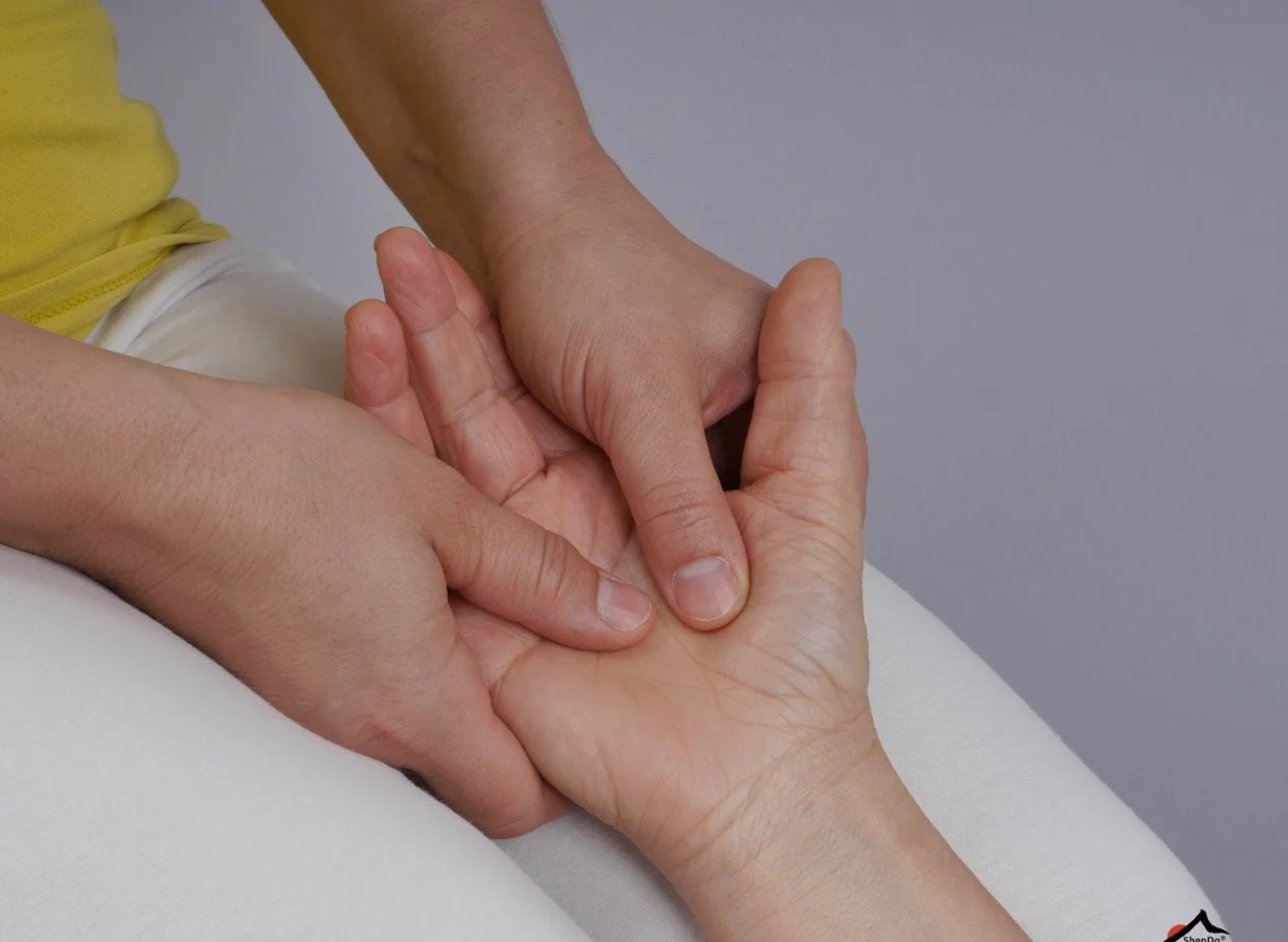 Ein Menschen hält die Hand des anderen im Rahmen einer Shiatsu-Anwendung.