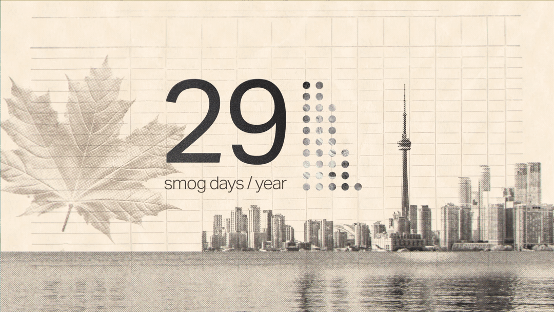Infographic showing smog days in Toronto: 29 smog days per year, with city skyline and a large leaf illustration in the background.