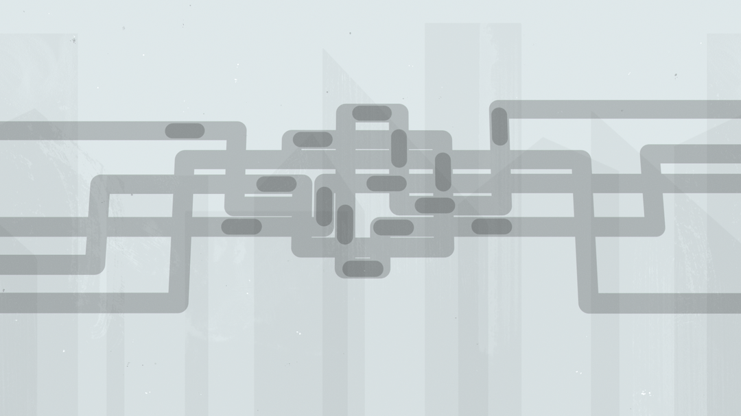 Abstract digital illustration of interconnected pipes or pathways with a cityscape background.