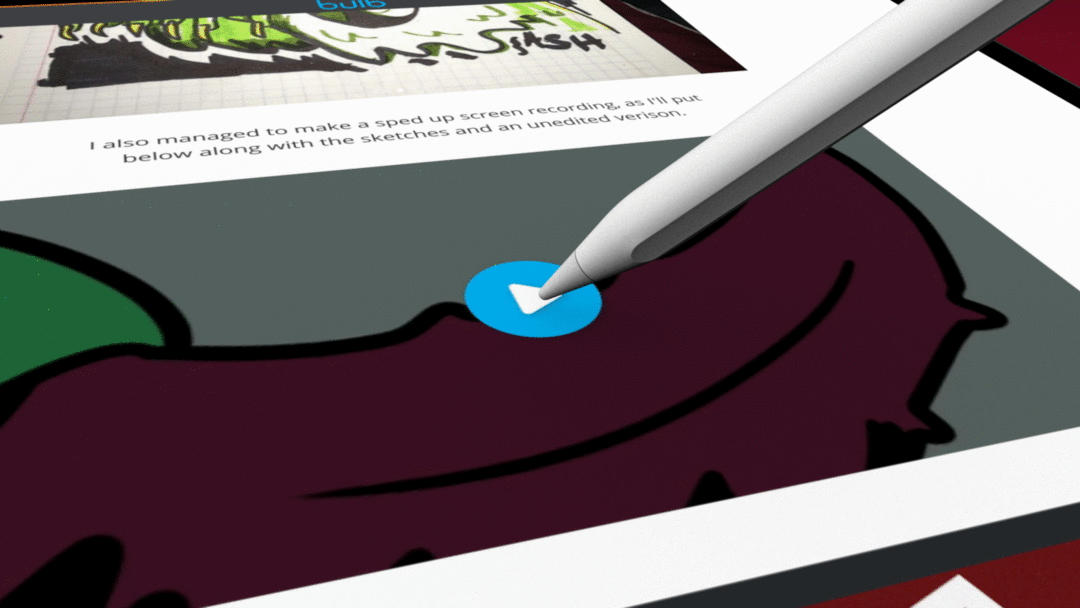 Close-up of a stylus pressing the Instagram or Facebook Messenger icon on a digital device with a drawing of a bird in the background.