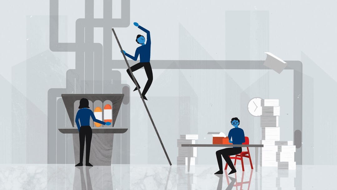 Illustration of healthcare professionals working in a laboratory setting, including a scientist on a ladder handling a test tube, a woman with pills in a tray, and a man at a desk with stacks of paper and a clock in the background.