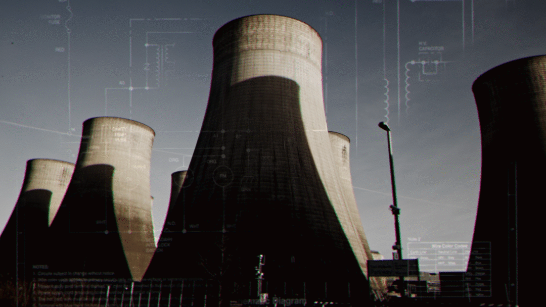 Nuclear power plant cooling towers against a cloudy sky with scientific overlay.
