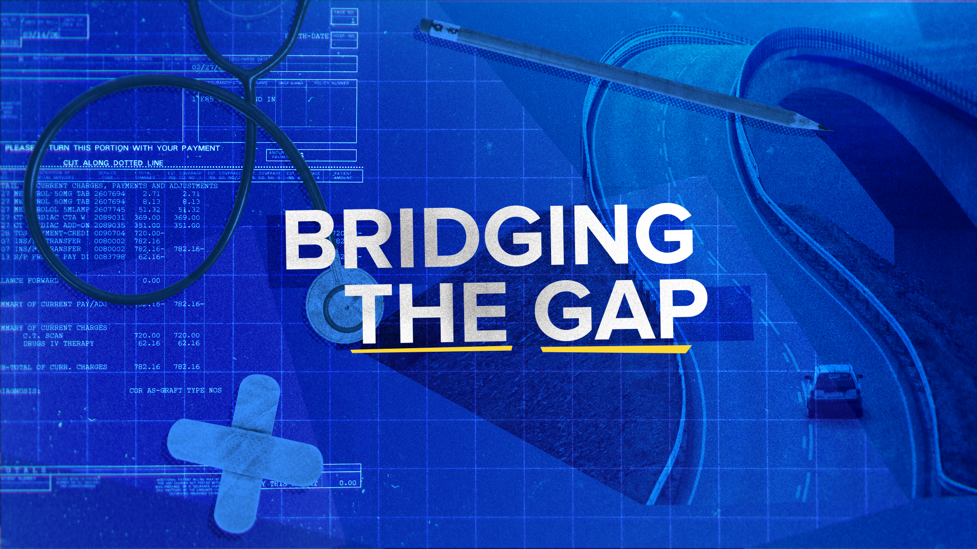A graphic with a blueprint background, medical supplies such as a stethoscope, a ruler, and a bandage, along with a highway, illustrating the concept of bridging the gap.